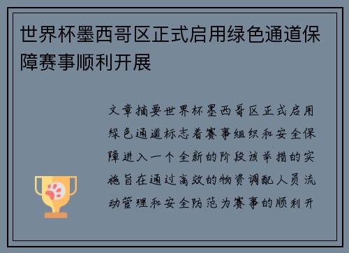 世界杯墨西哥区正式启用绿色通道保障赛事顺利开展