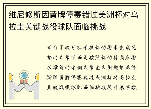 维尼修斯因黄牌停赛错过美洲杯对乌拉圭关键战役球队面临挑战